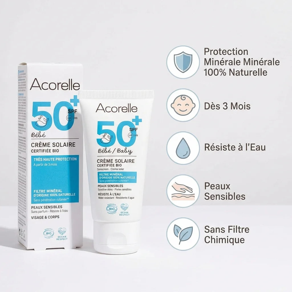 Crème solaire bébé SPF 50 bio Acorelle 50ml avec infographie des bénéfices protecteurs naturels