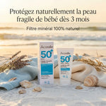Crème solaire bébé SPF 50 bio Acorelle 50ml sur plage avec filtre minéral naturel