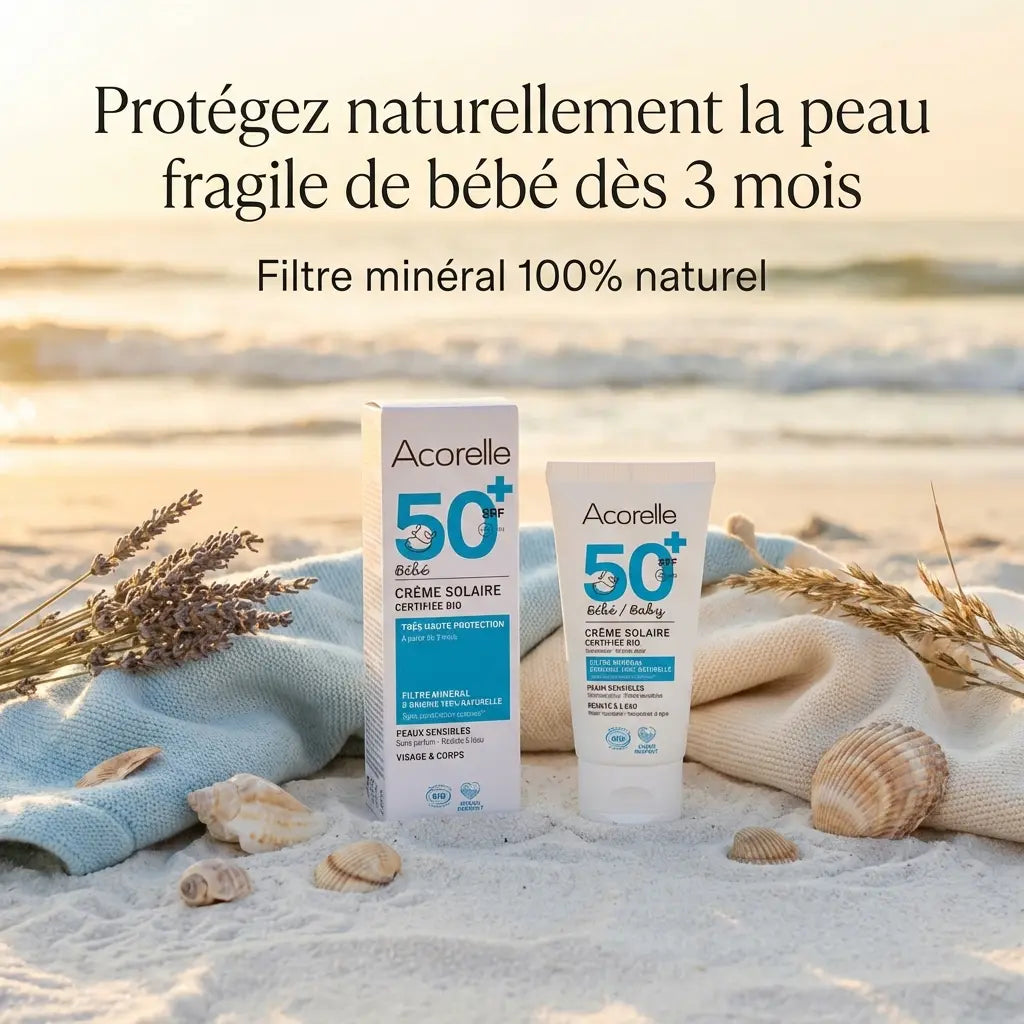 Crème solaire bébé SPF 50 bio Acorelle 50ml sur plage avec filtre minéral naturel