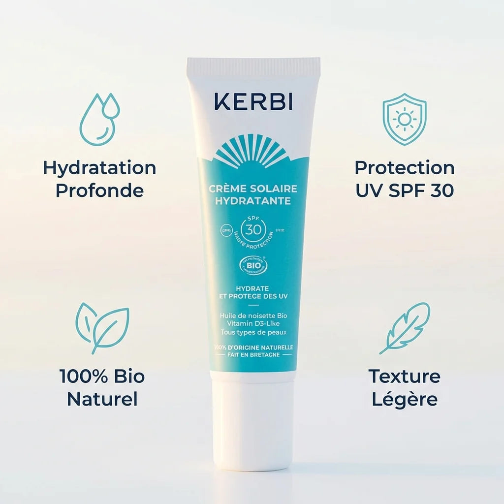 Crème Solaire Hydratante SPF 30 Kerbi avec bénéfices : hydratation, protection UV, bio naturel