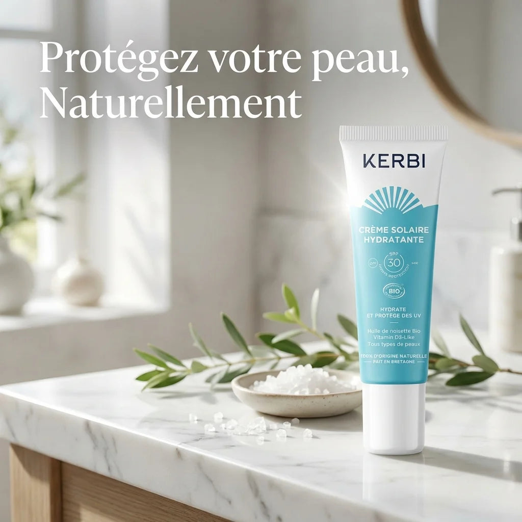 Crème solaire Kerbi SPF 30 40ml sur marbre blanc avec plantes, salle de bain méditerranéenne
