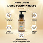 Crème solaire liquide SPF 50 Vanille Comme Avant avec infographie des bénéfits : protection minérale, peaux sensibles, biodégradable