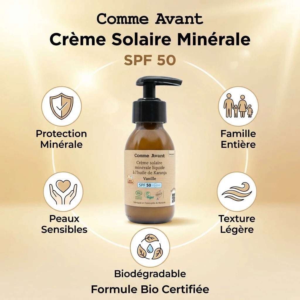 Crème solaire liquide SPF 50 Vanille Comme Avant avec infographie des bénéfits : protection minérale, peaux sensibles, biodégradable
