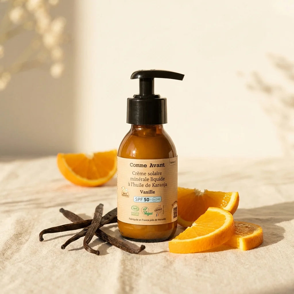 Crème solaire SPF 50 Vanille Comme Avant en flacon verre avec doseur