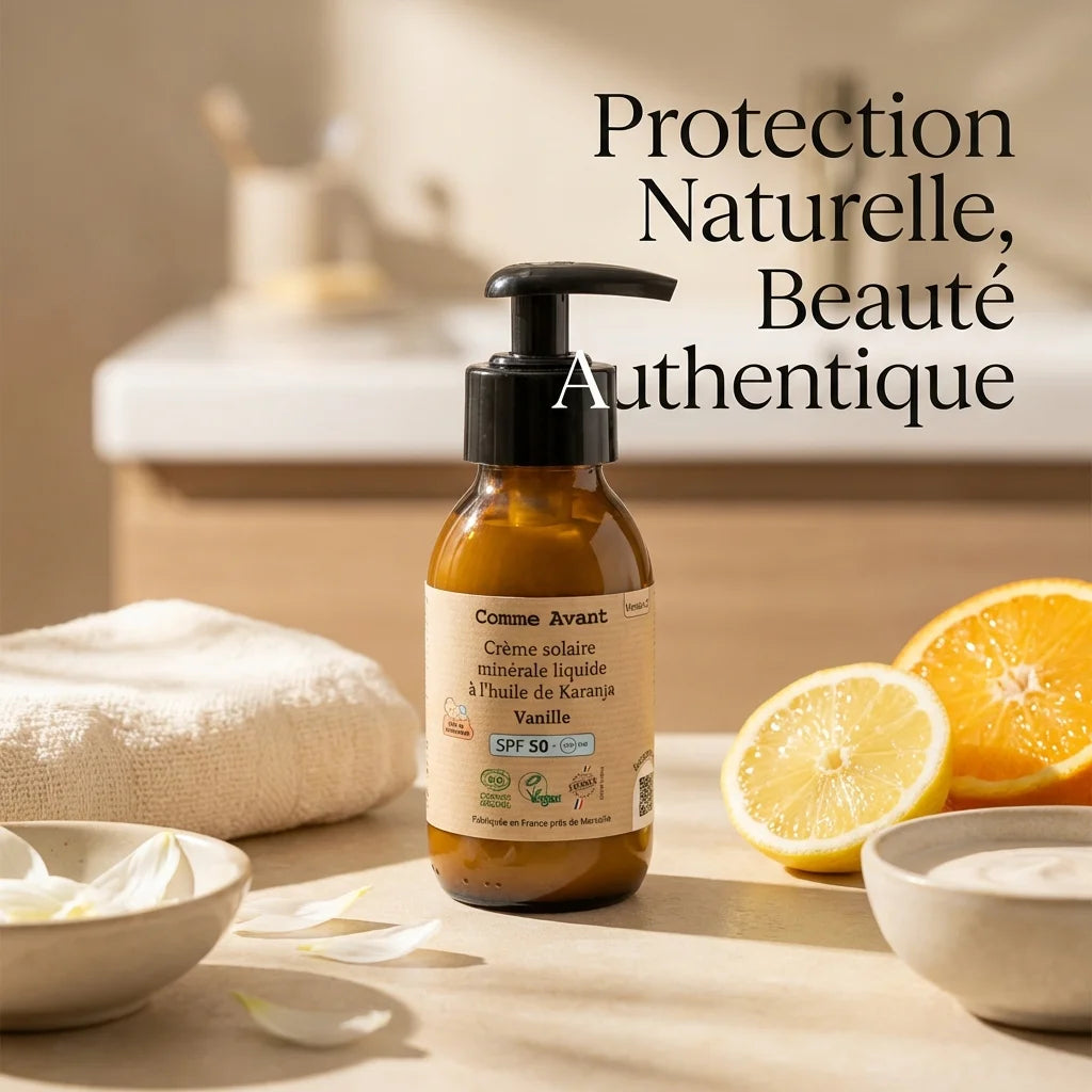 Crème solaire liquide SPF 50 Vanille Comme avant avec pompe dans un décor minimaliste de skincare