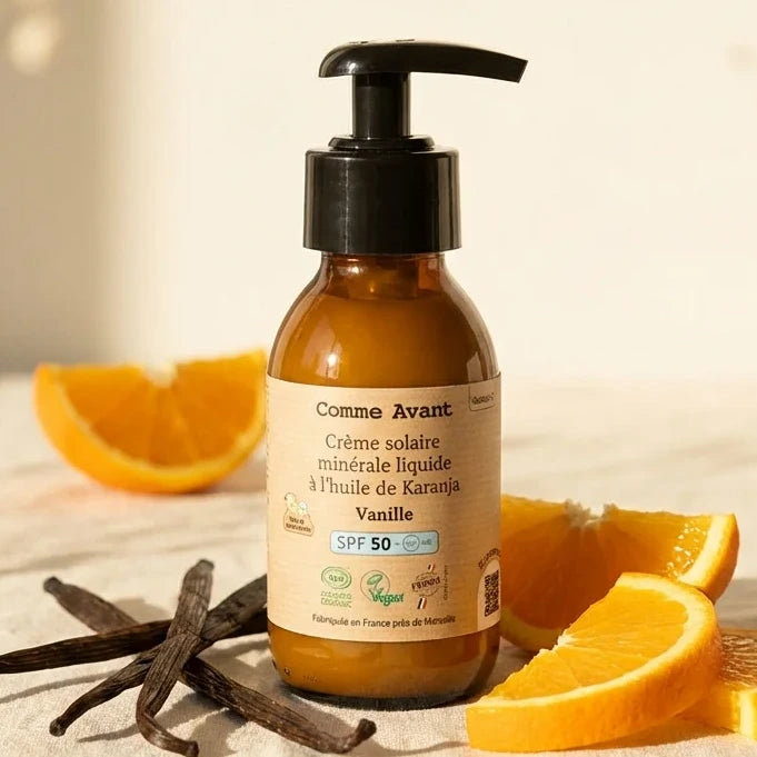 Crème solaire SPF 50 Vanille Comme Avant en flacon verre avec doseur