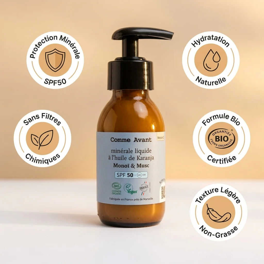 Crème solaire SPF50 Comme Avant en flacon pompe avec pictogrammes des bénéfices naturels et bio
