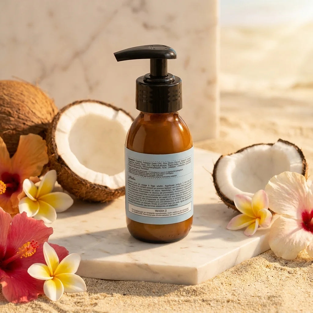 Crème solaire liquide SPF50 Karanja 90ml Comme Avant avec Monoï sur marbre