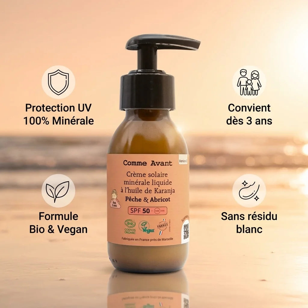 Crème solaire SPF50 Comme Avant à l'huile de Karanja, protection minérale bio vegan, 90ml