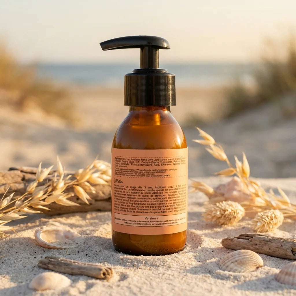 Crème solaire liquide SPF50 Comme Avant à l'Huile de Karanja 90ml sur plage