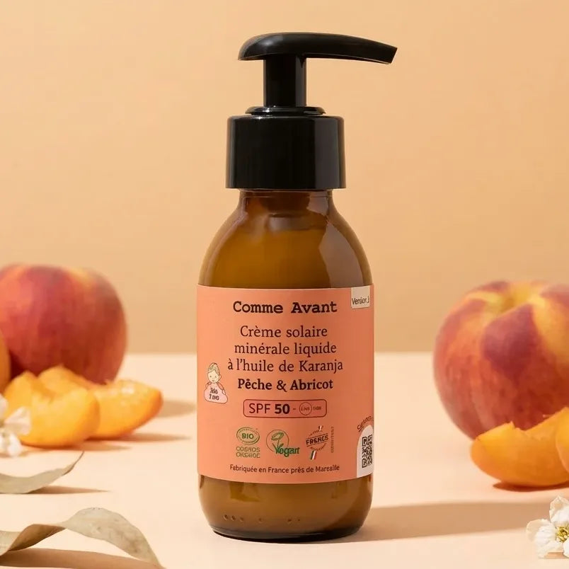 Crème solaire SPF50 Comme Avant à l'huile de Karanja avec pompe, pêches et abricots