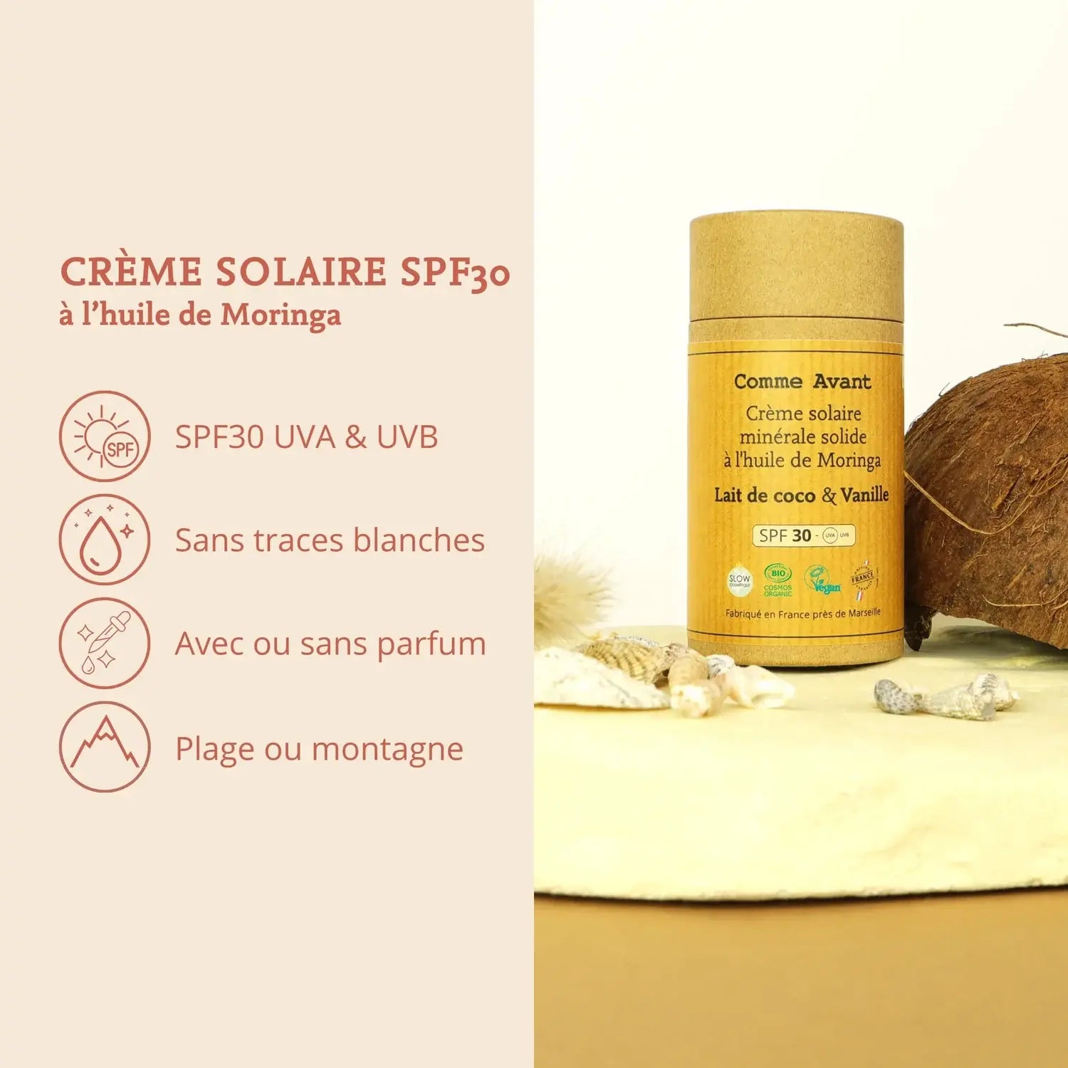 Les avantages et bienfaits de la crème solaire minérale solide de 80 g de la marque Comme Avant
