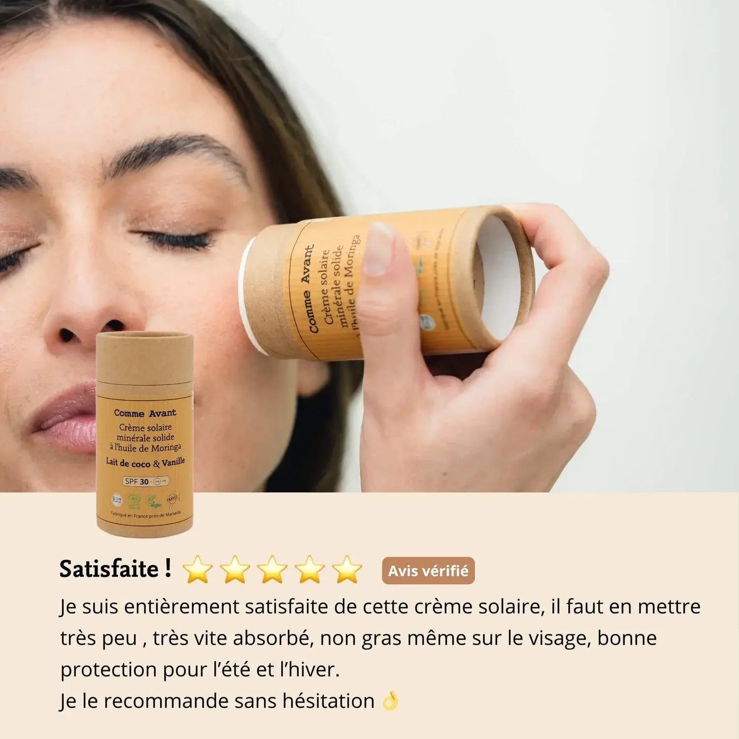 Les avis des utilisateurs de la crème solaire minérale solide de 80 g de la marque Comme Avant