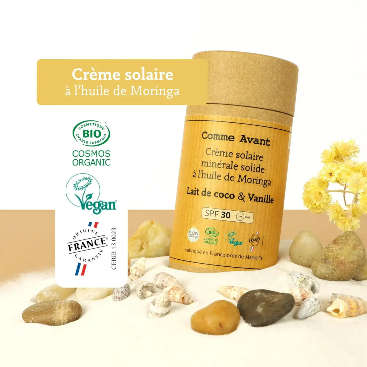 Les labels et certifications de la crème solaire minérale solide de 80 g de la marque Comme Avant