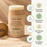 Crème solaire minérale SPF50 Comme Avant avec infographie bénéfices: protection UVA/UVB, hydratation, zéro résidu blanc