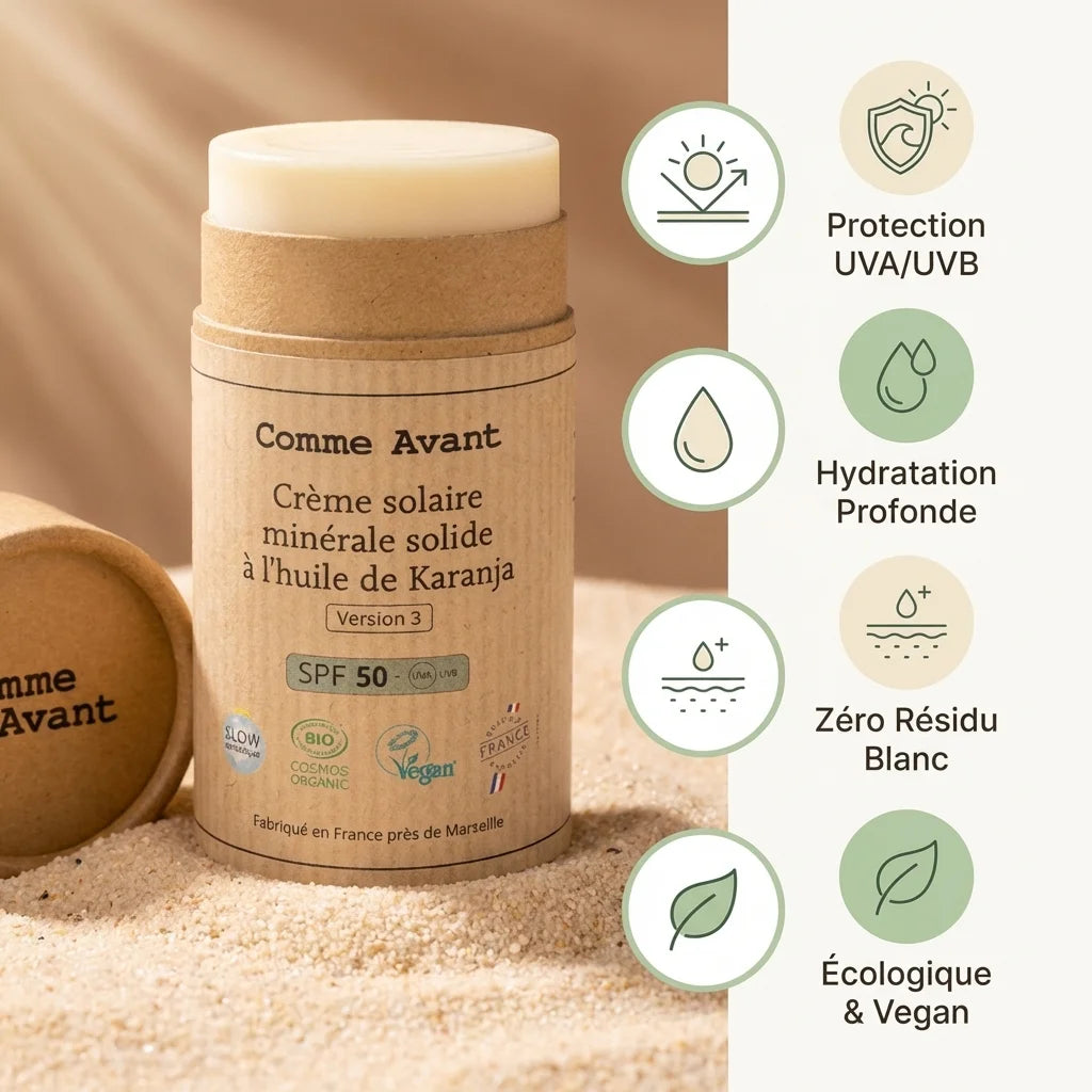 Crème solaire minérale SPF50 Comme Avant avec infographie bénéfices: protection UVA/UVB, hydratation, zéro résidu blanc