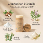 Crème solaire minérale solide SPF50 Comme Avant avec ingrédients naturels bio en packaging bois