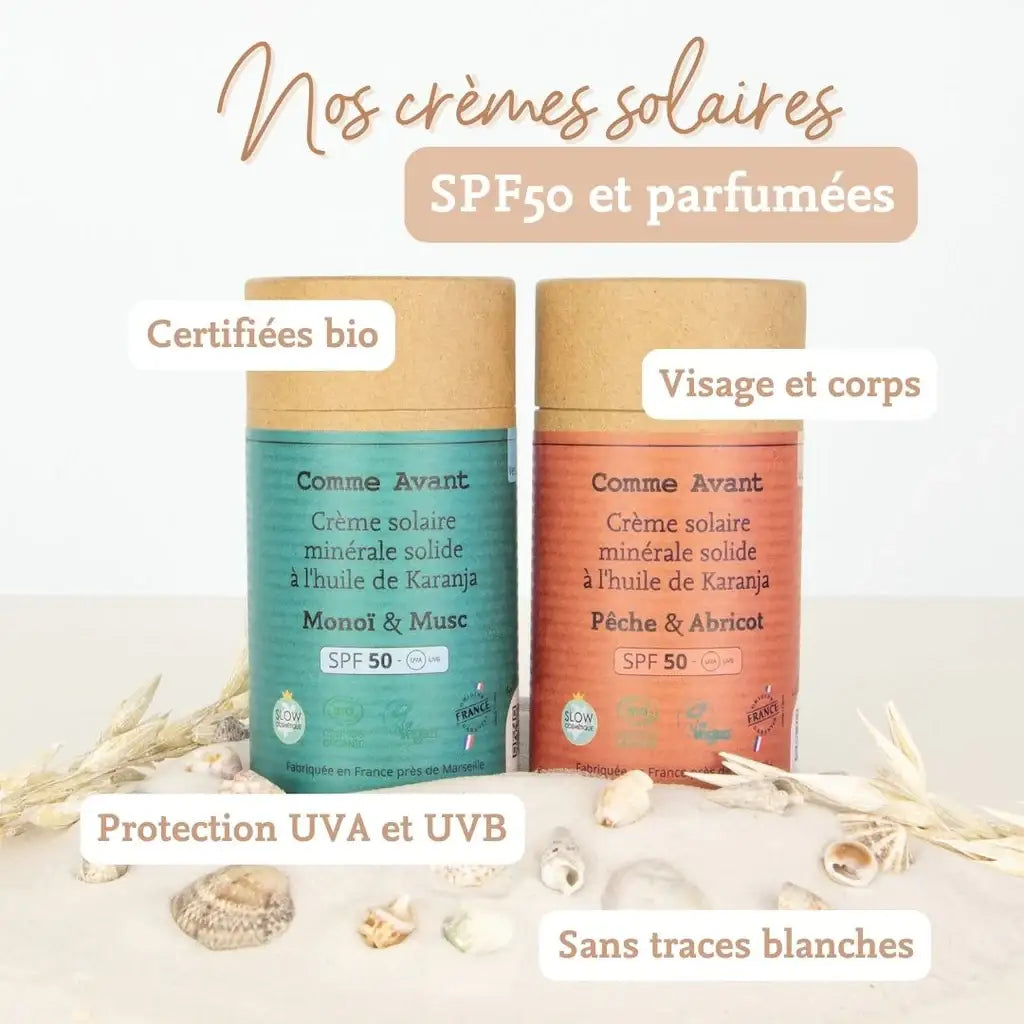 Les avantages de la Crème solaire minérale solide spf50 - Monoï & Musc - de 80 g de Comme Avant