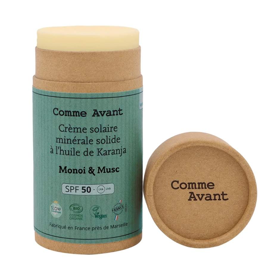 Une Crème solaire minérale solide spf50 - Monoï & Musc - de 80 g de Comme Avant