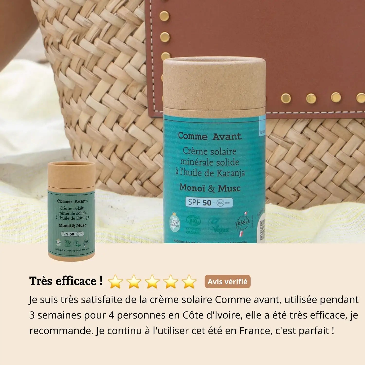 Les avis concernant la Crème solaire minérale solide spf50 - Monoï & Musc - de 80 g de Comme Avant