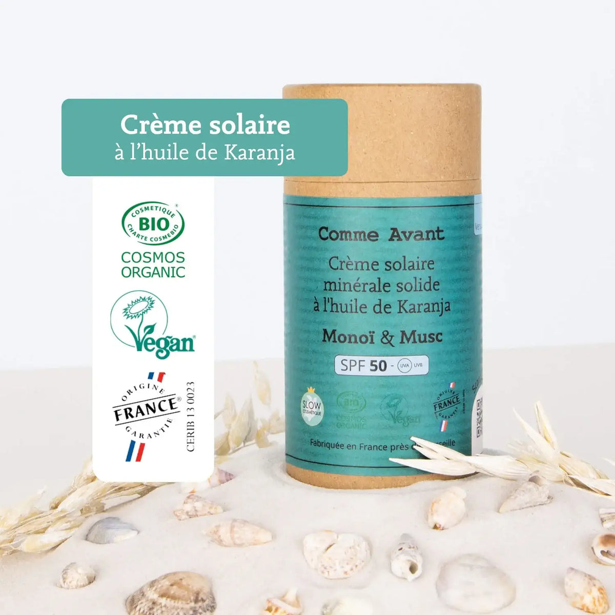 Les labels de la Crème solaire minérale solide spf50 - Monoï & Musc - de 80 g de Comme Avant