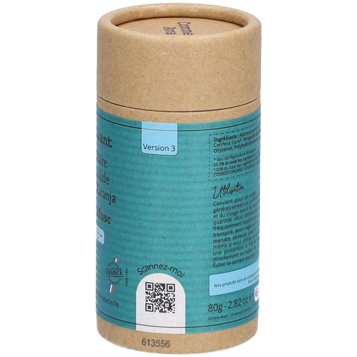 Le verso d'Une Crème solaire minérale solide spf50 - Monoï & Musc - de 80 g de Comme Avant