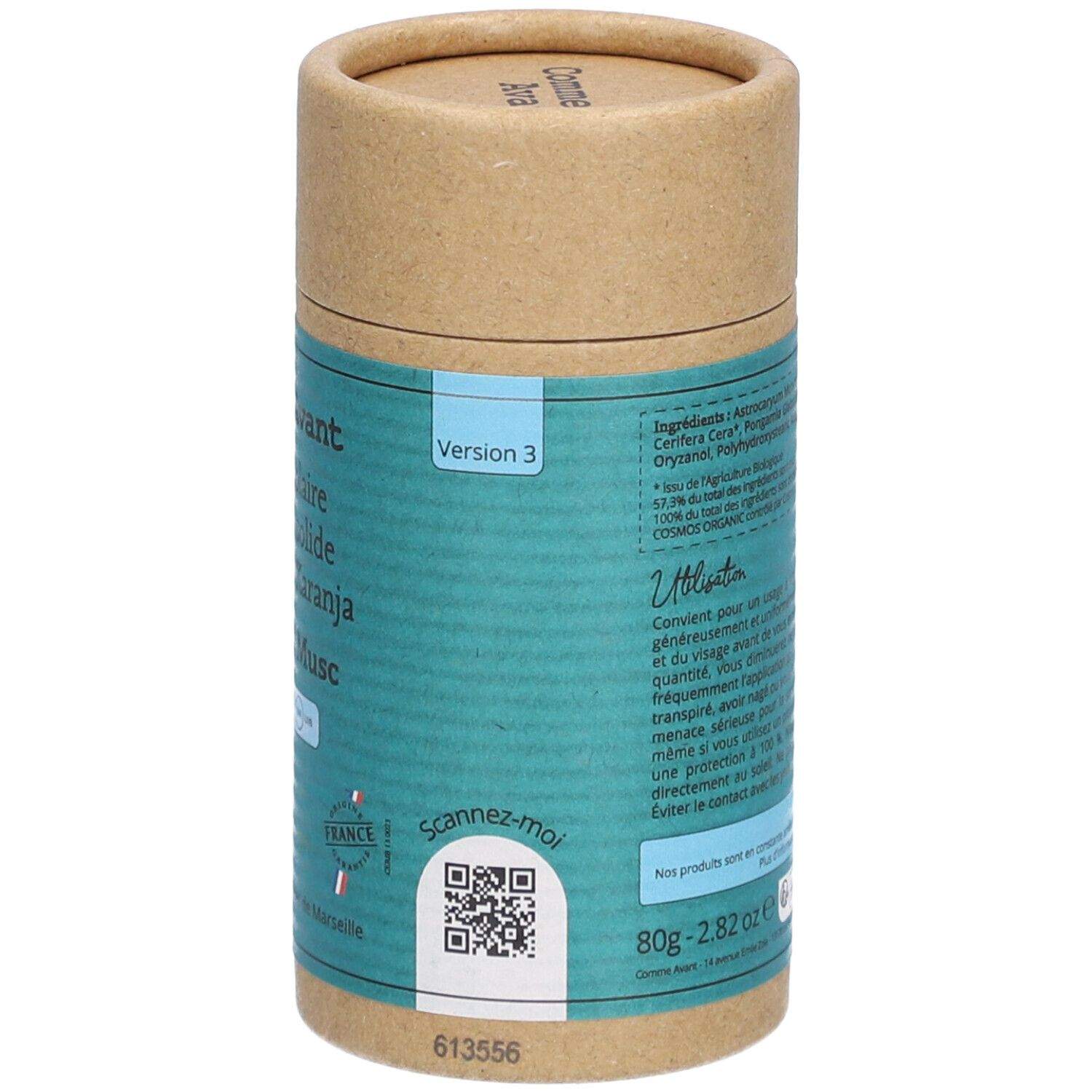 Le verso d'Une Crème solaire minérale solide spf50 - Monoï & Musc - de 80 g de Comme Avant