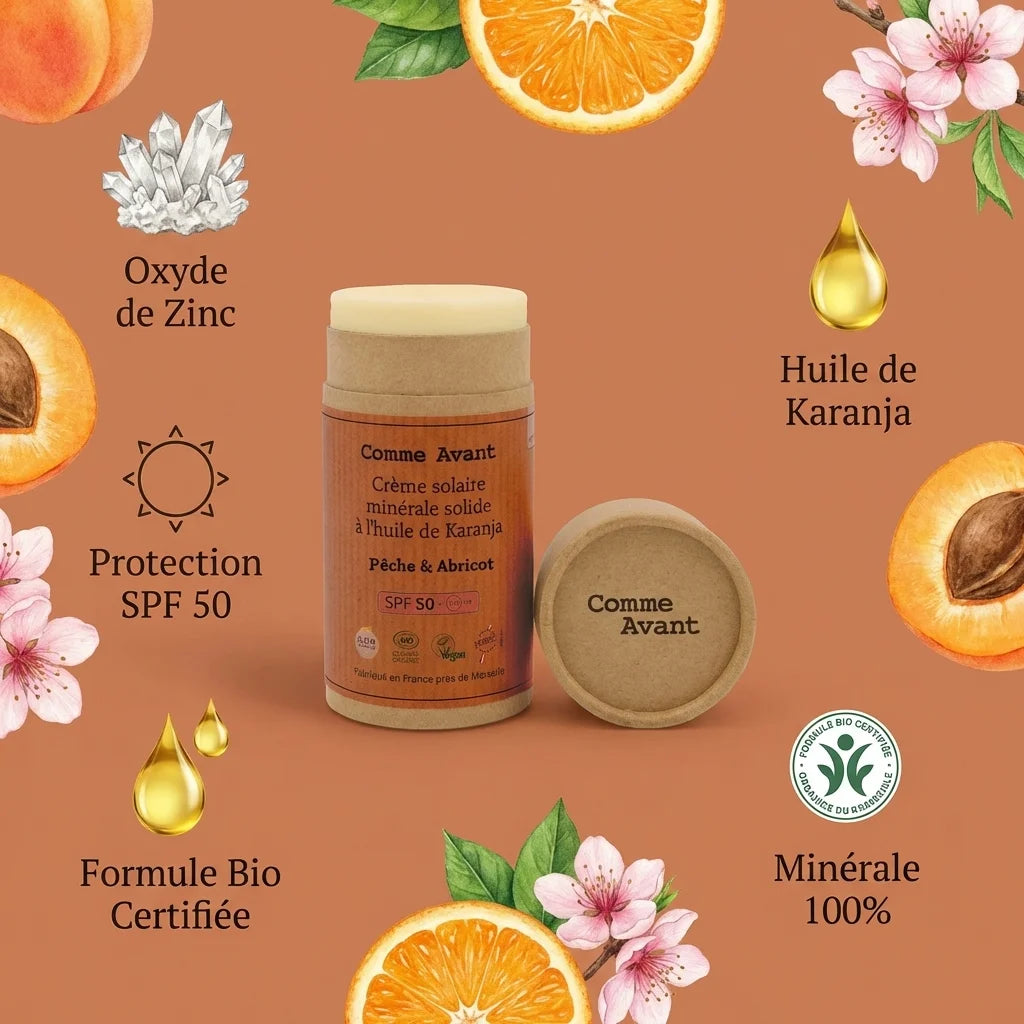 Crème solaire minérale solide SPF50 Comme Avant saveur pêche abricot avec ingrédients bio
