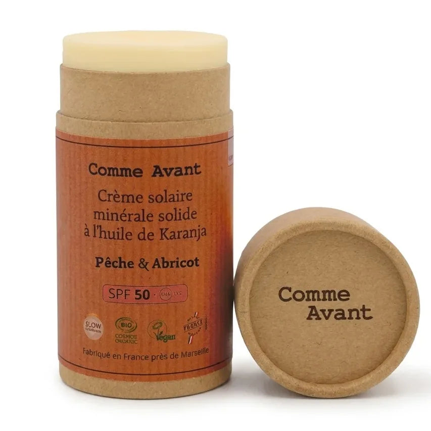 Crème solaire minérale solide SPF50 Pêche & Abricot Comme Avant en stick liège