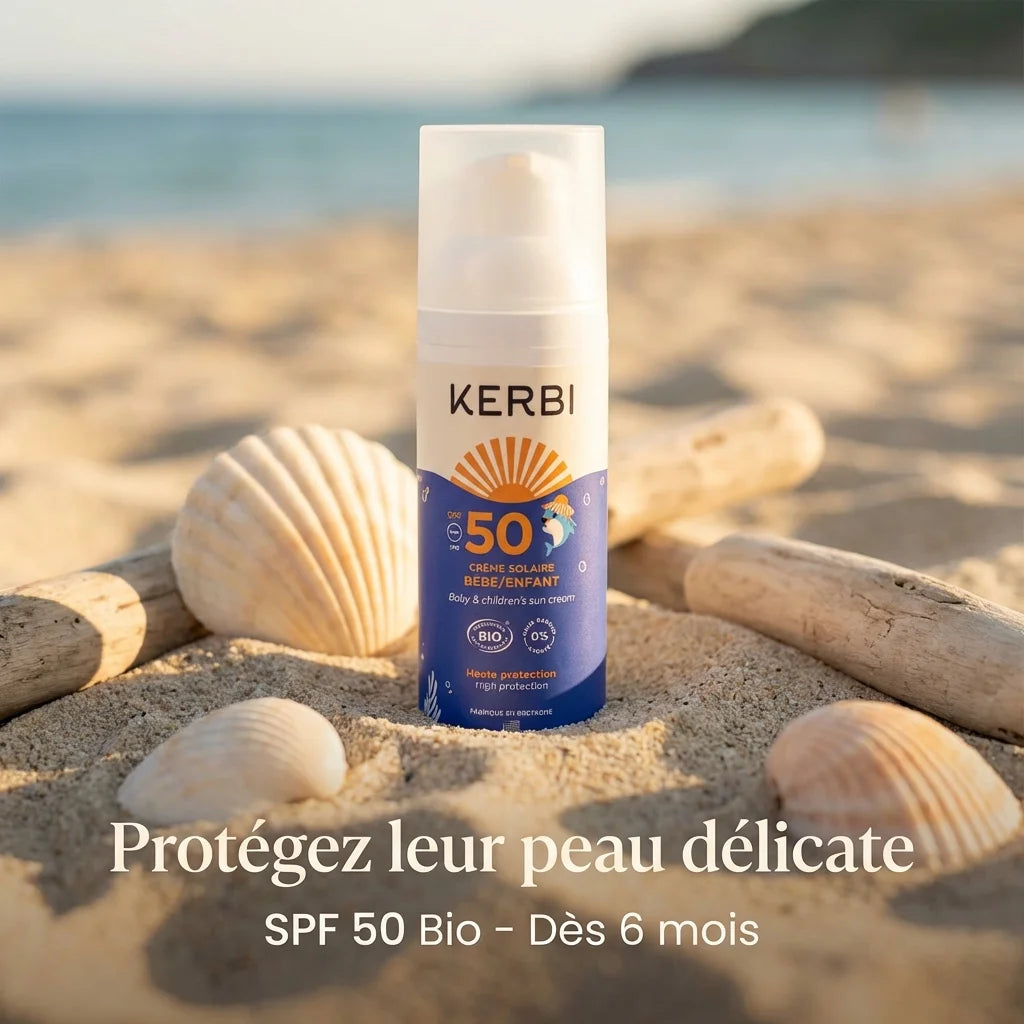 Crème solaire SPF 50 Kerbi bébé enfant 50g sur plage, protection peau délicate dès 6 mois