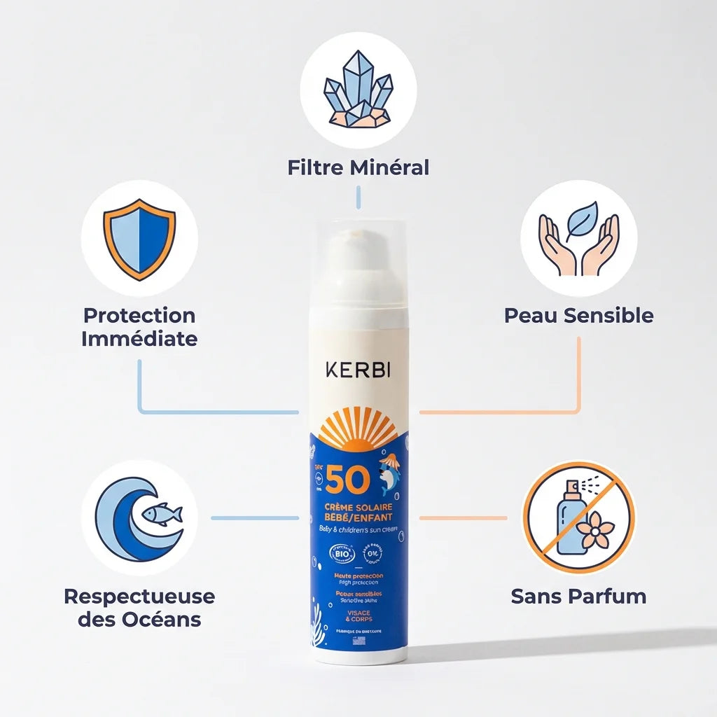 Crème solaire SPF 50 Kerbi sans parfum pour bébé et enfant avec icônes bénéfices protection océan