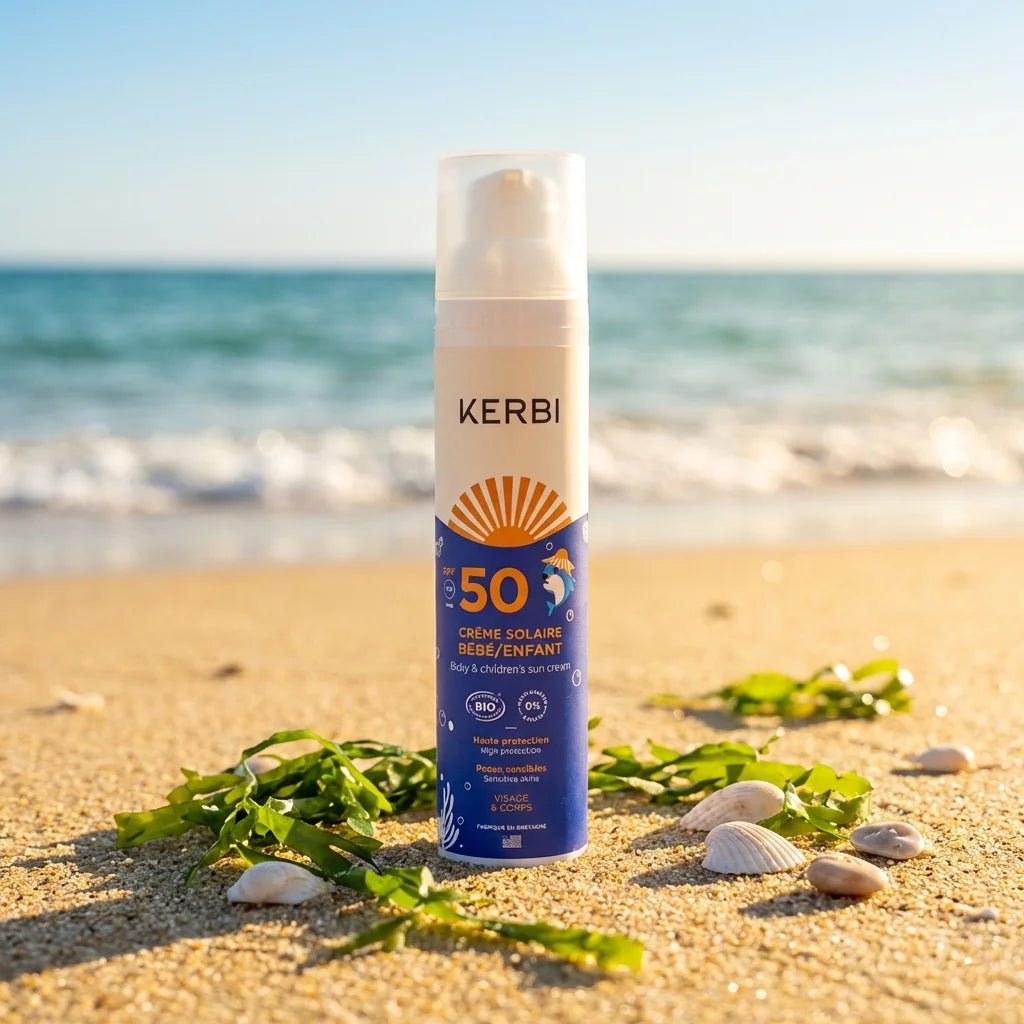 Crème solaire Kerbi SPF 50 sans parfum pour bébé sur plage avec coquillages