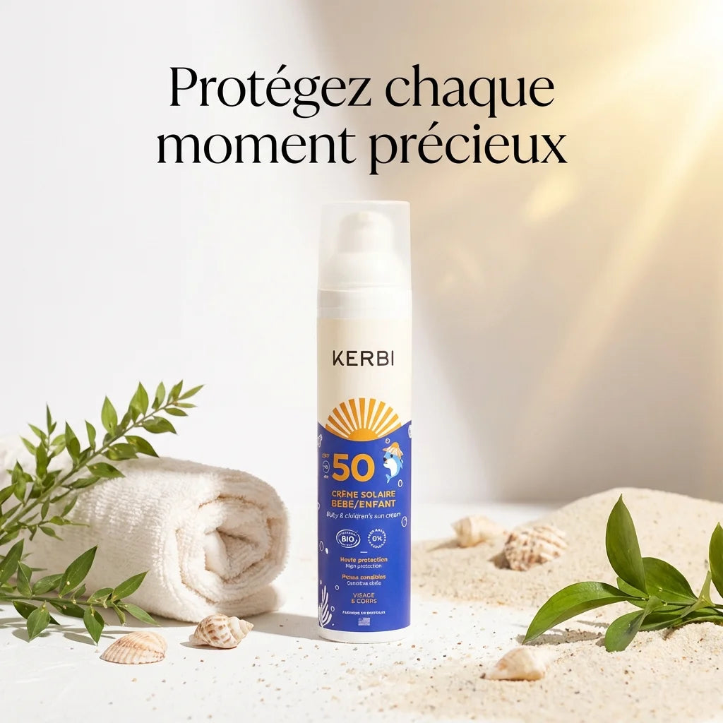Crème solaire SPF 50 Kerbi pour bébé et enfant 100g avec ingrédients naturels