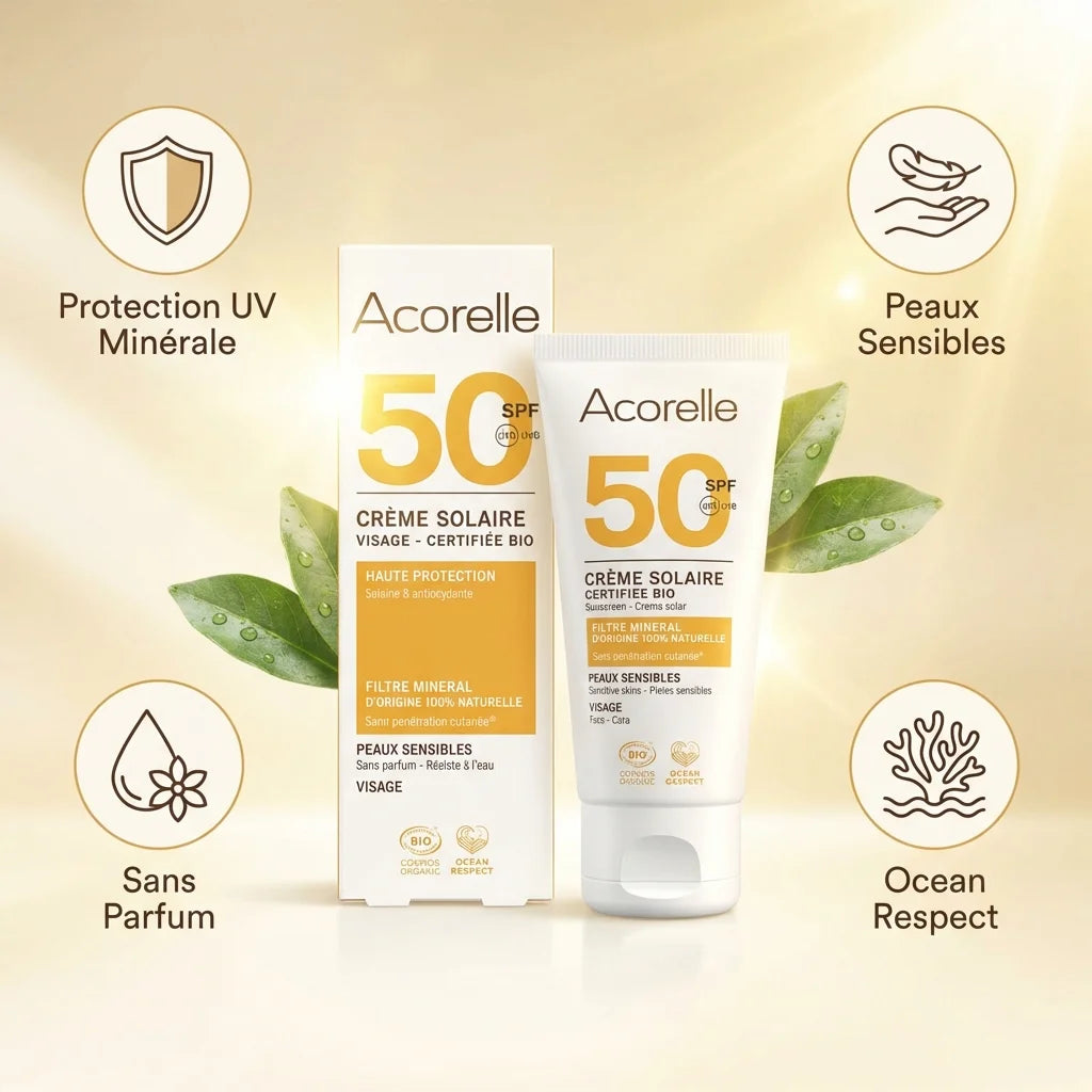 Crème solaire visage SPF 50 bio Acorelle 50ml avec infographie bénéfices protection UV