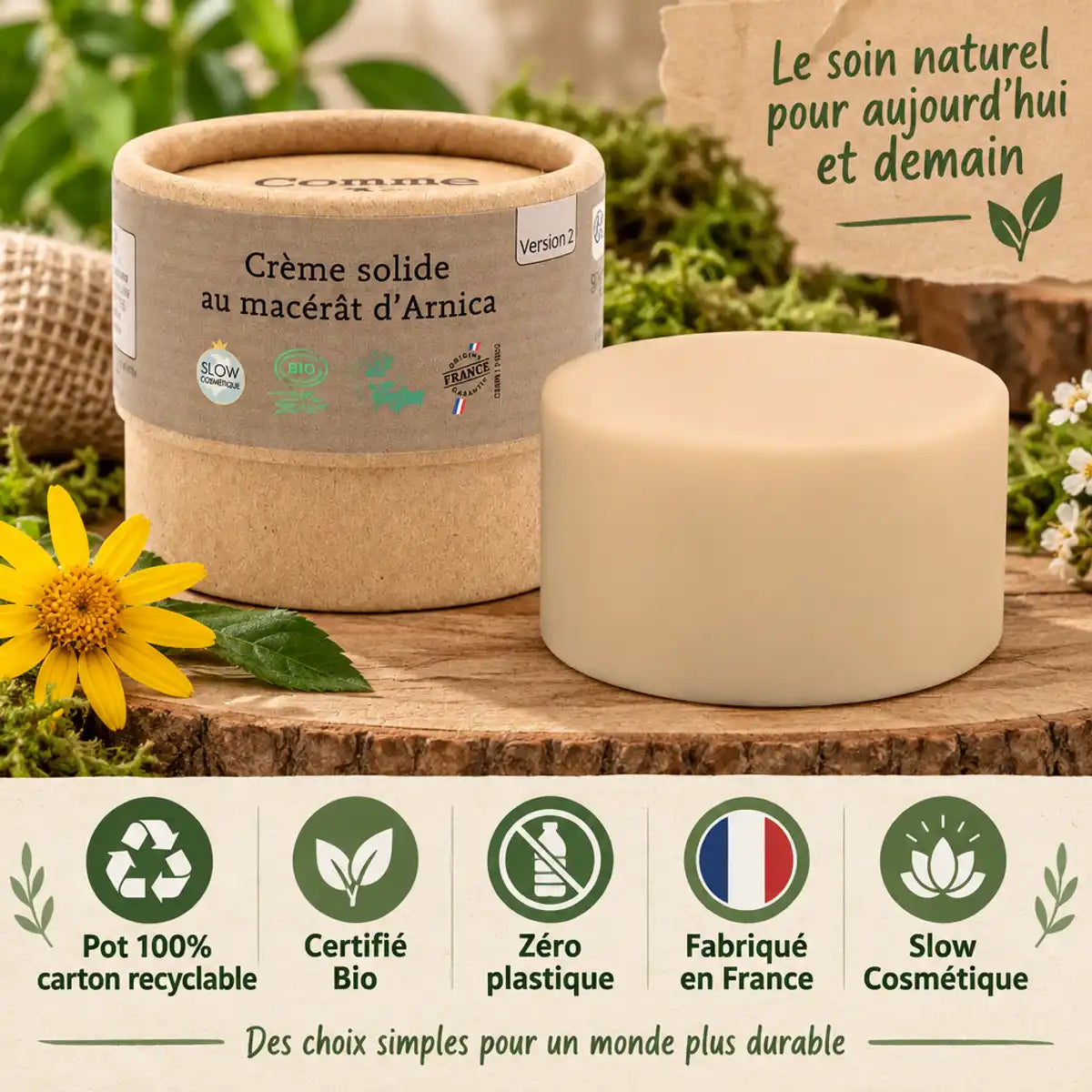 Crème solide Arnica Comme avant 50g en pot carton recyclable, certifiée bio et zéro plastique