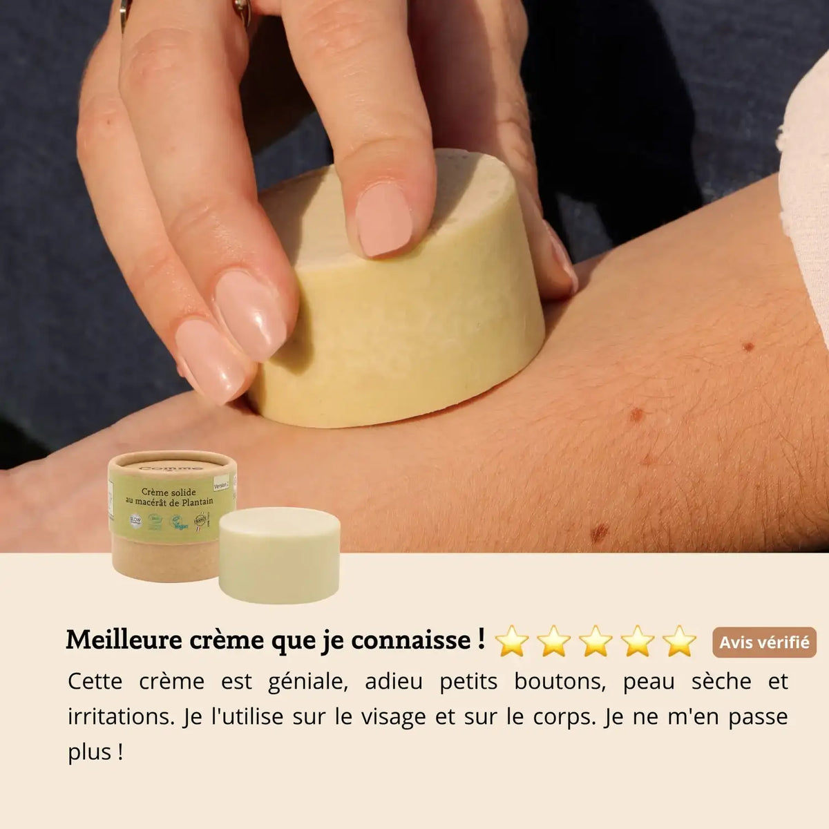Les avis clients sur la crème solide au macérât de plantain anti-démangeaisons de la marque Comme Avant
