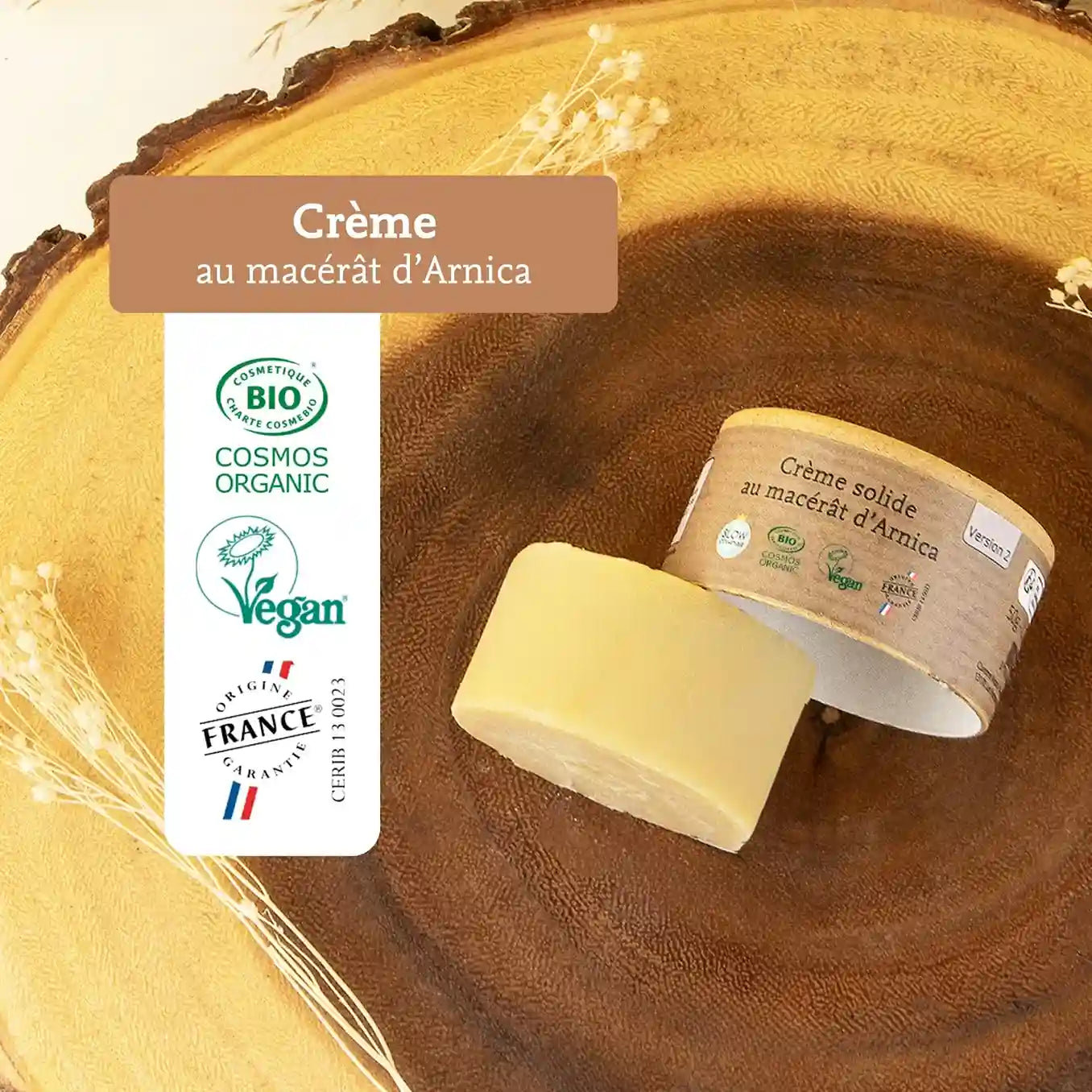Les labels de la crème solide au macérât d’Arnica de la marque Comme avant