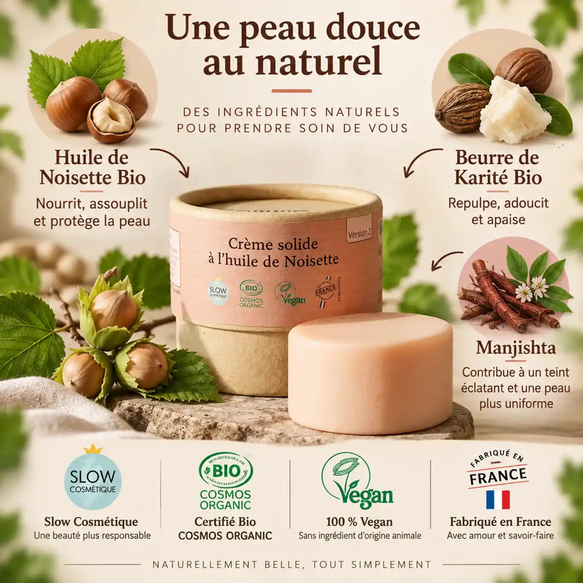 Crème solide à l'huile de noisette bio 50g Comme avant pour peaux à imperfections