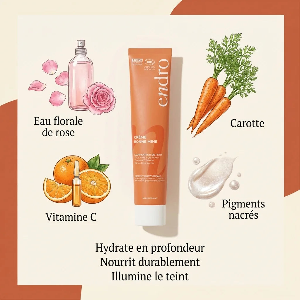 Crème Bonne Mine Endro 50ml avec ingrédients naturels, rose, carotte et vitamine C