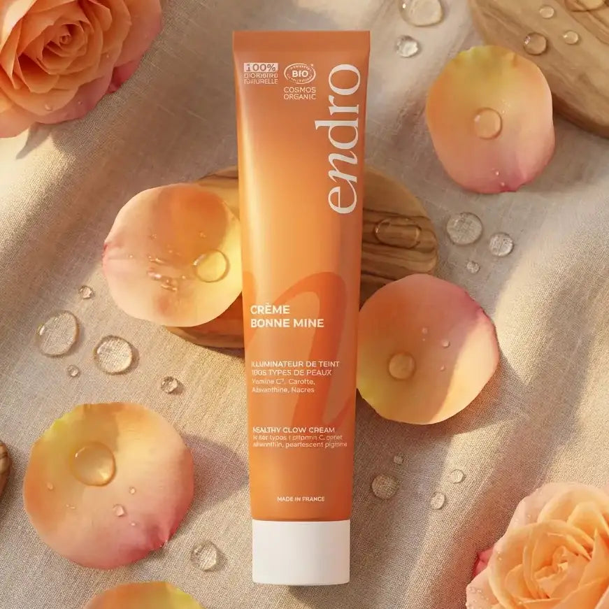 Crème Bonne Mine Endro 50ml peaux normales sèches avec pétales roses sur fond beige