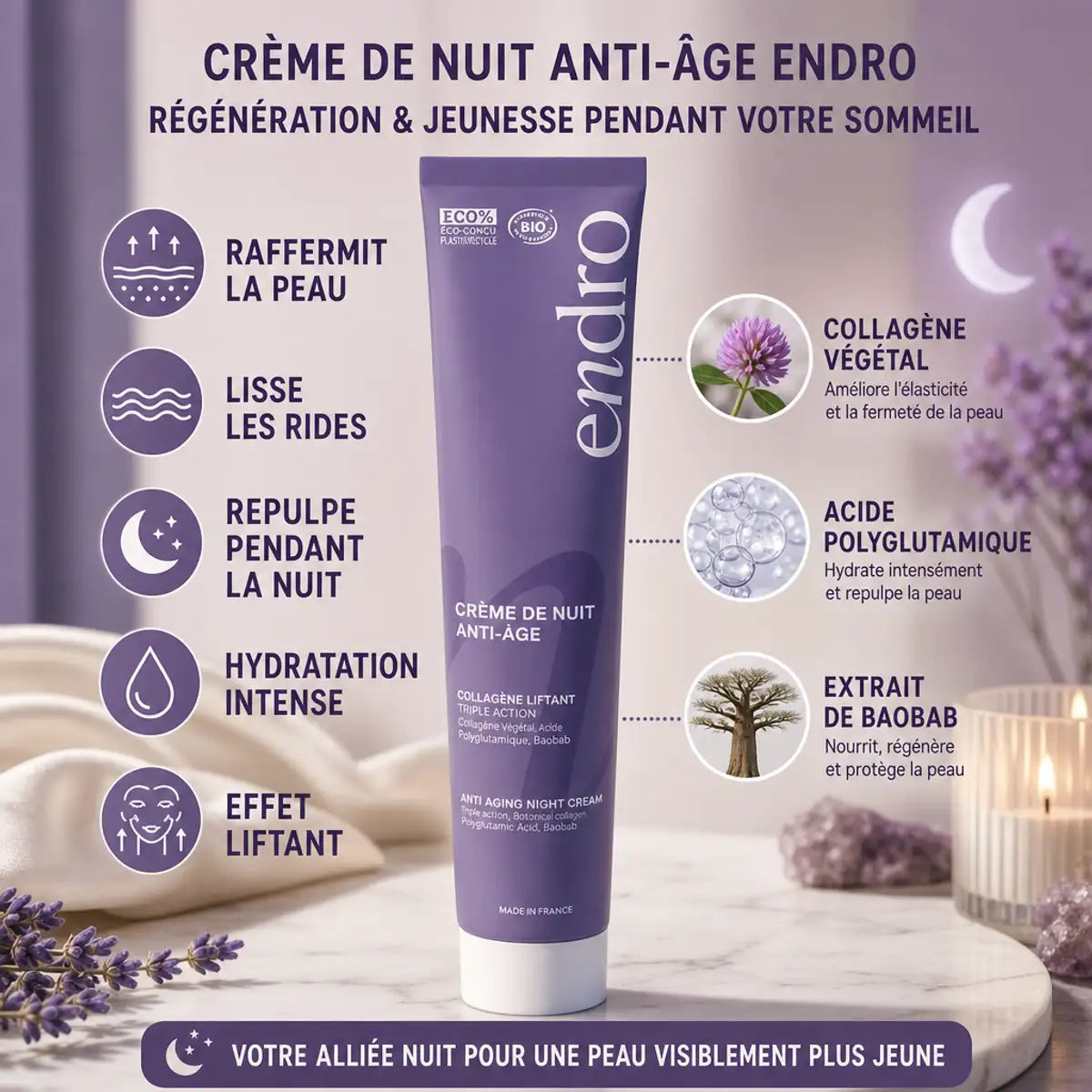 Crème visage nuit anti-âge Endro 50ml avec bénéfices liftants et hydratants sur marbre