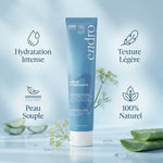 Crème hydratante Endro 50ml avec icônes bénéfices : hydratation intense, texture légère, peau souple