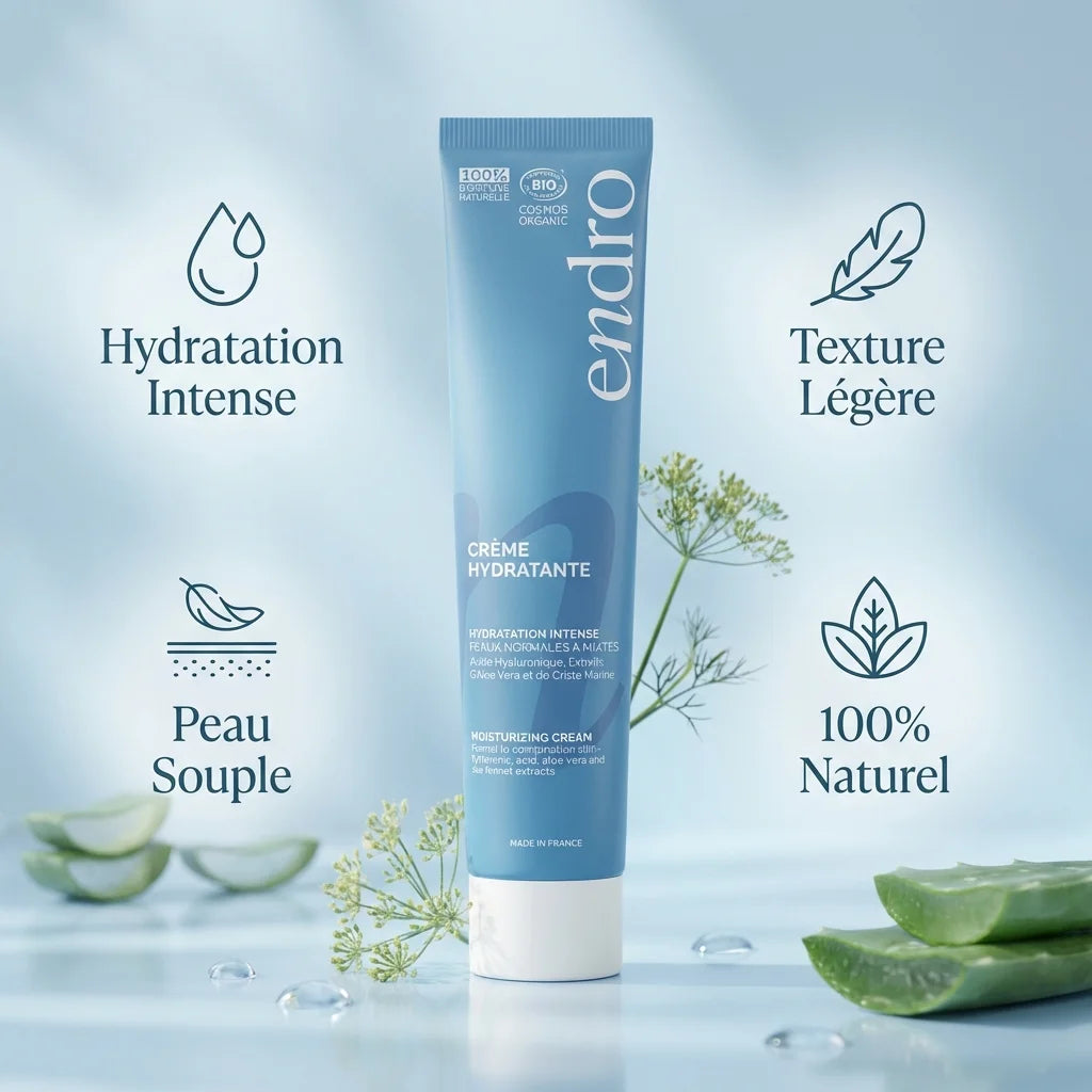 Crème hydratante Endro 50ml avec icônes bénéfices : hydratation intense, texture légère, peau souple