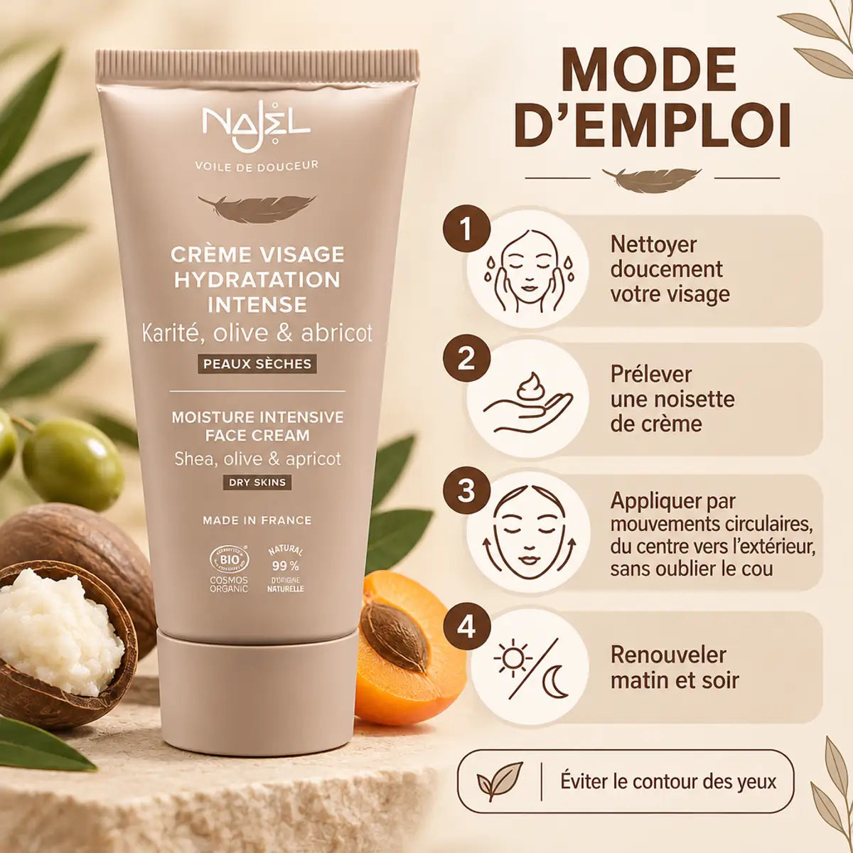 Crème visage Najel hydratation intense bio 50 ml pour peaux sèches, avec mode d'emploi en 4 étapes sur fond beige