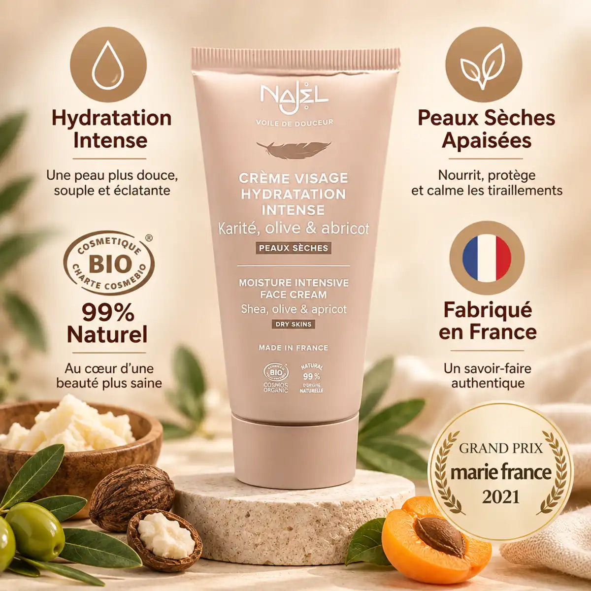 Crème visage Najel hydratation intense bio 50ml avec icônes bénéfices et certification