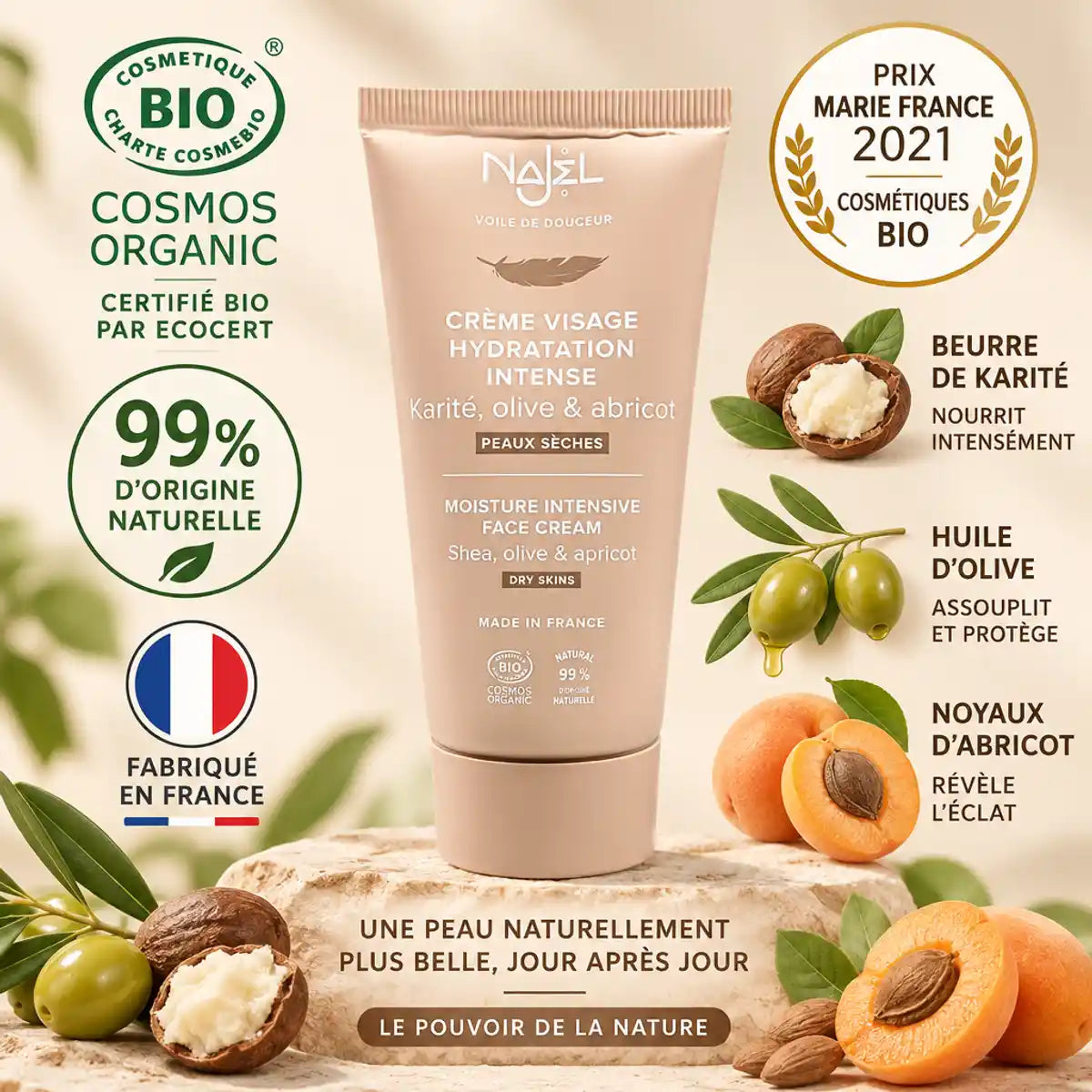 Tube crème visage hydratation intense Najel bio certifiée avec badges écocert et prix cosmétiques