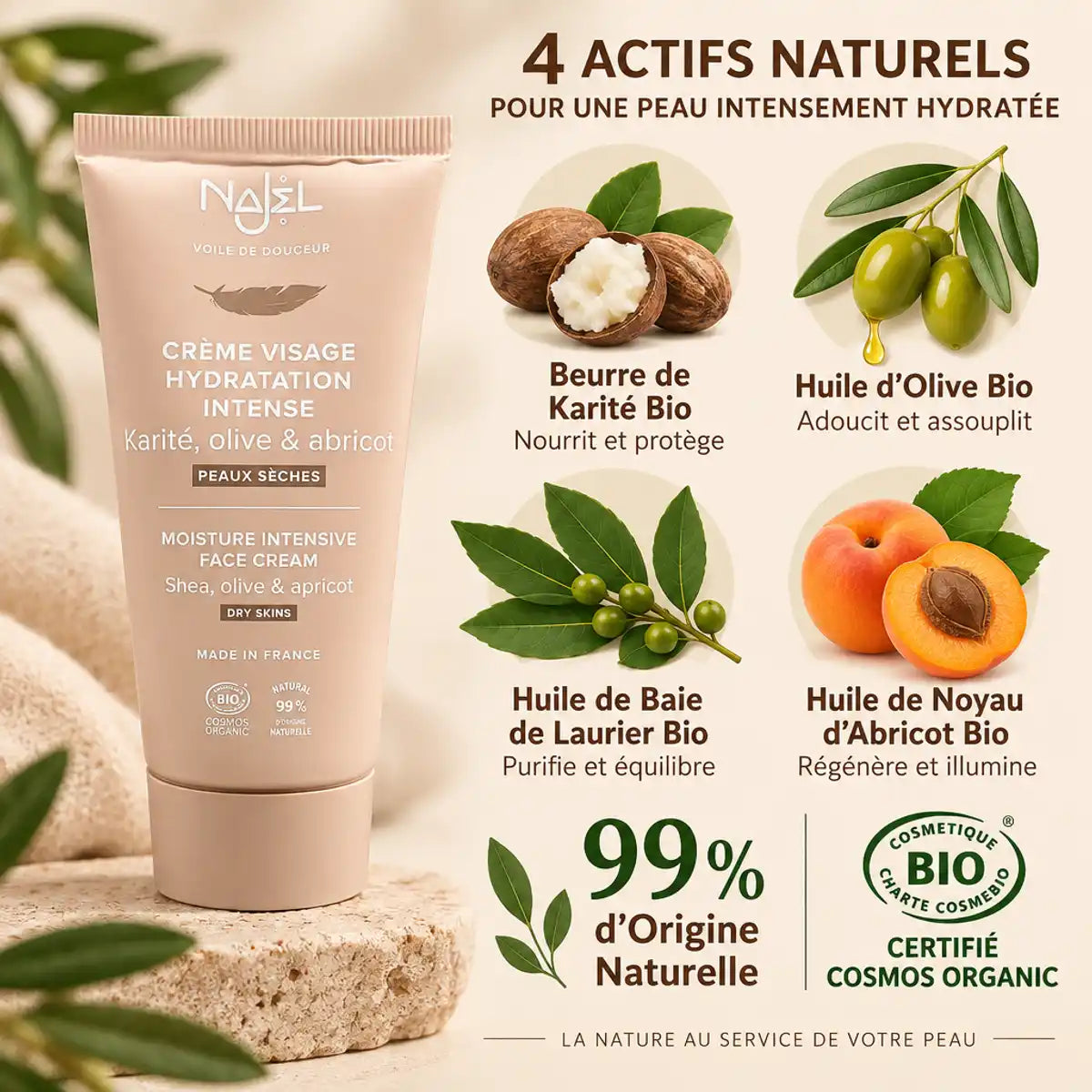 Crème visage Najel bio 50ml avec ingrédients naturels - beurre de karité, huiles bio certifiées