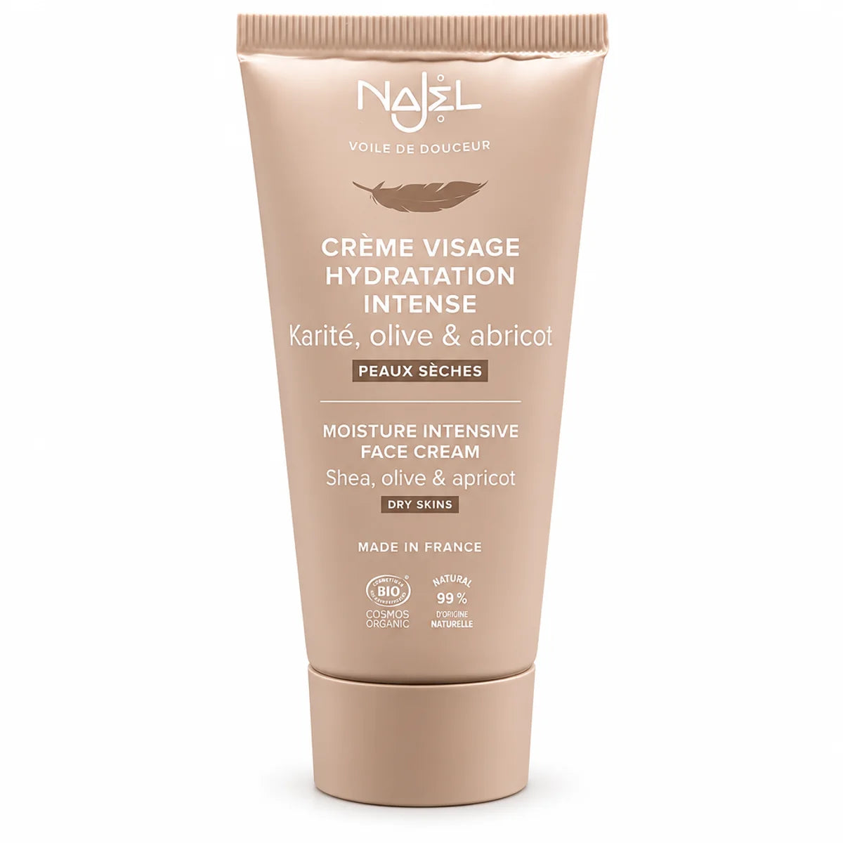 Crème visage hydratation intense Najel bio 50ml tube beige sur fond blanc