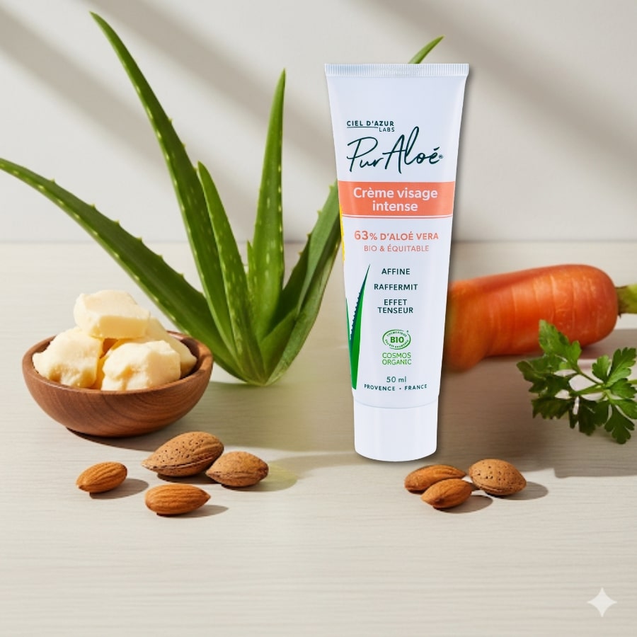 Photo d'ambiance d'un tube de Crème visage intense certifiée bio de 50ml de Pur aloé