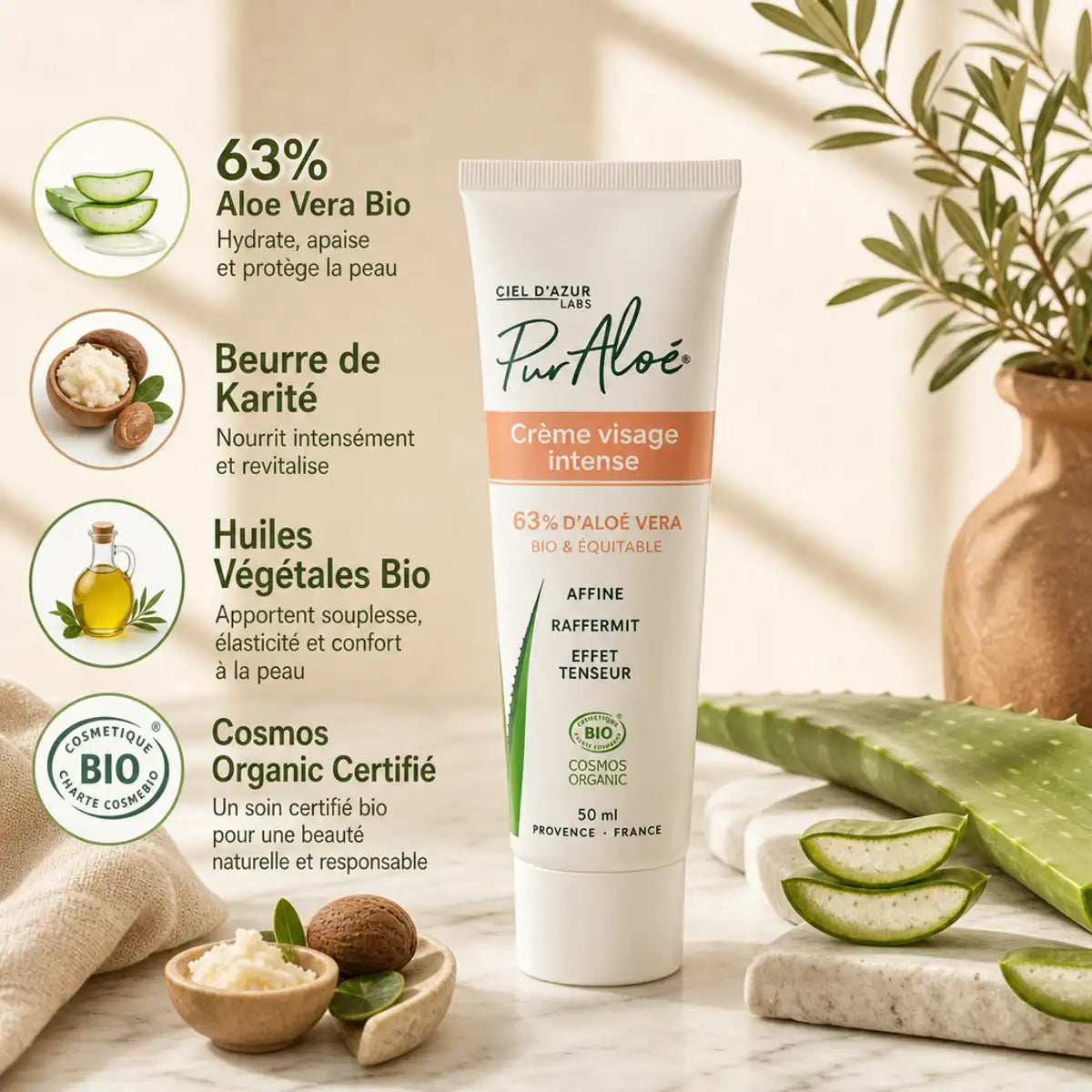 Crème Visage Intense Pur'Aloé bio avec aloe vera, beurre de karité et certification Cosmos Organic